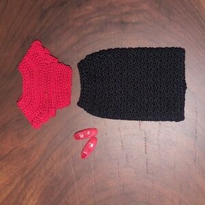 Vintage OOAK Crochet Black Pencil Skirt & Red Top For Barbie Doll
